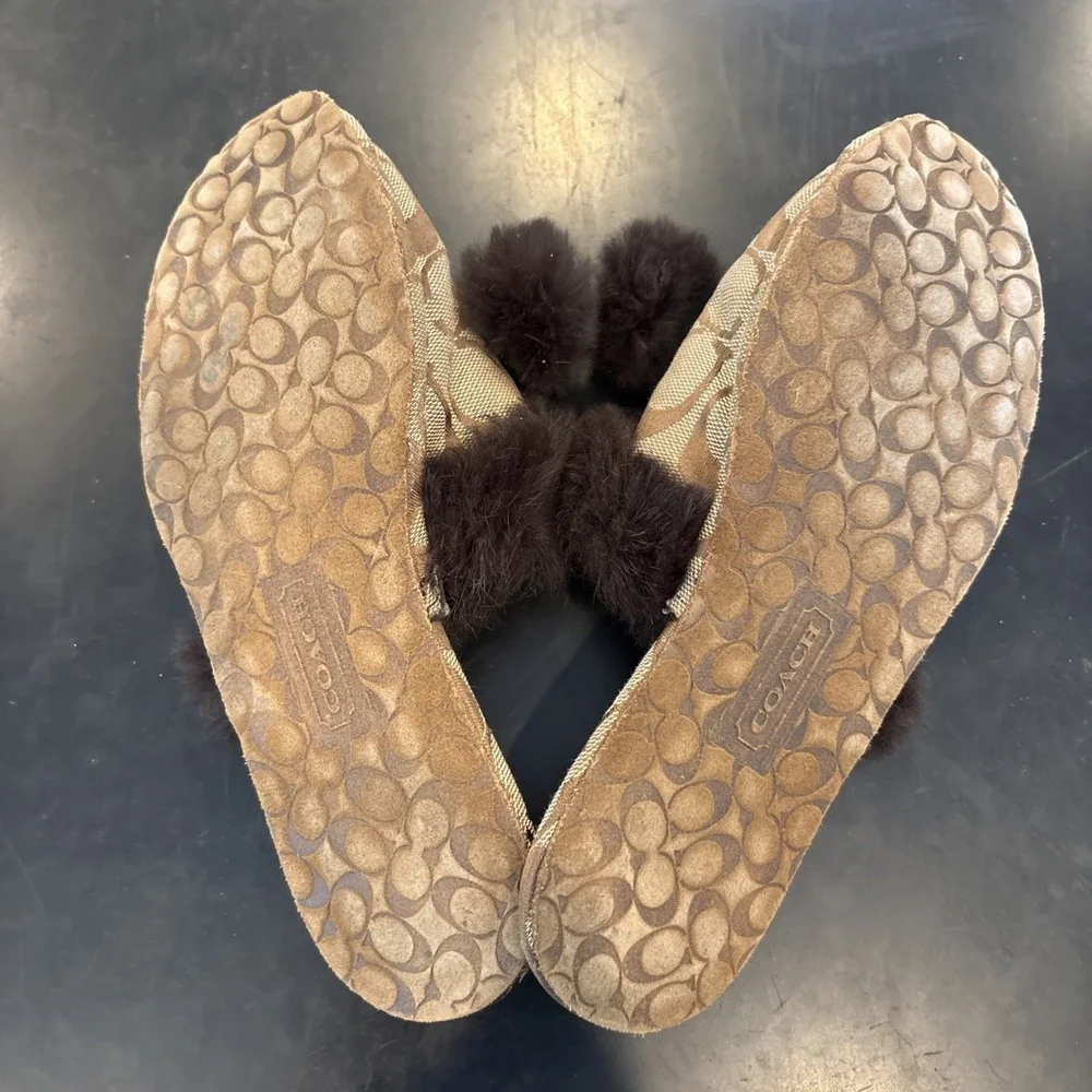 Coach Signature Fur Trim Mule Slippers Women's Brown Logo SlipOn House Shoes Sz5 - Picture 5 of 9
